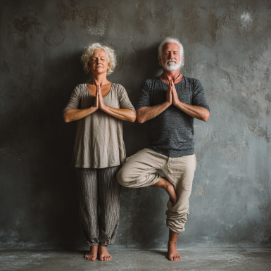 Група старших людей займається йогою в парку